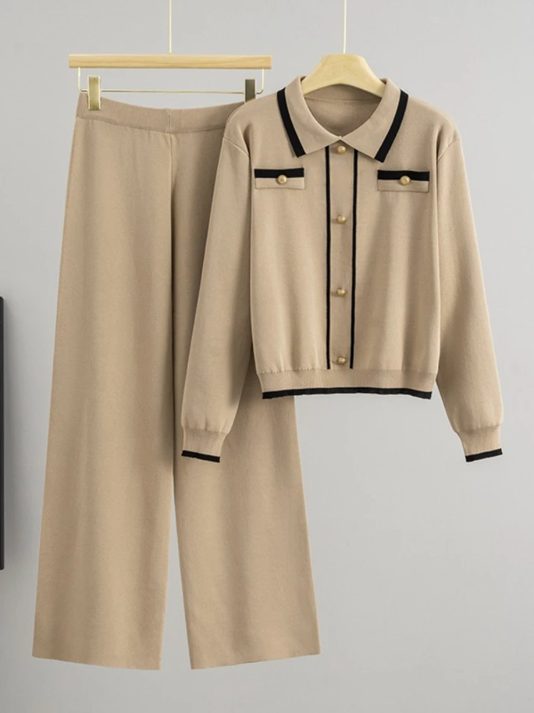 

2025 autumn winter new small fragrant style lapel single breasted cardigan jacket wide leg pants two-piece set for women