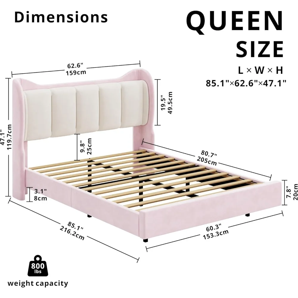 Queen Bed Frame with Headboard,Velvet Upholstered Platform Bed with LED Light,Solid Wood Slats Support,No Box Spring Needed,Pink