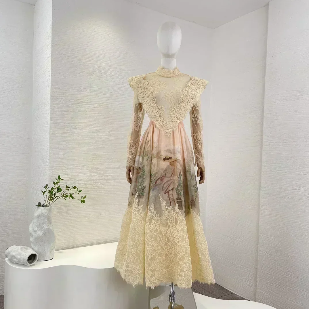 

Silk Linen 2023 New Arrivals High Quality Vintage Lace Backless Floral Print Luxury Folds Women Beige Midi Dress for Holiday