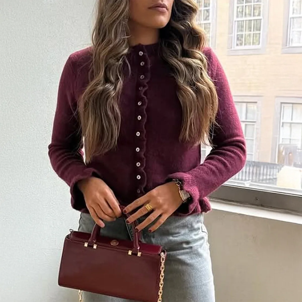 캐주얼 리조트 스타일, 솔리드 컬러 모직 버튼, 긴팔 상의, 스웨터, 여성 의류, 2025 가을/겨울