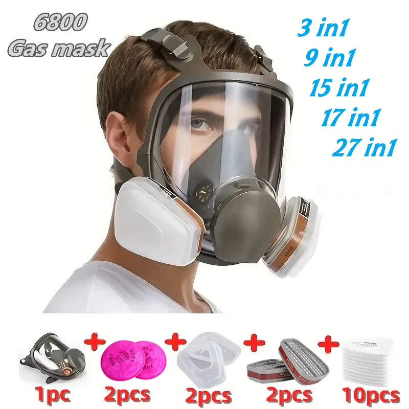 

6800 Gas Mask Adjustable Full Face Respirator Mask with Dual Filters Suitable for Chemical Workshops, Painting Operations
