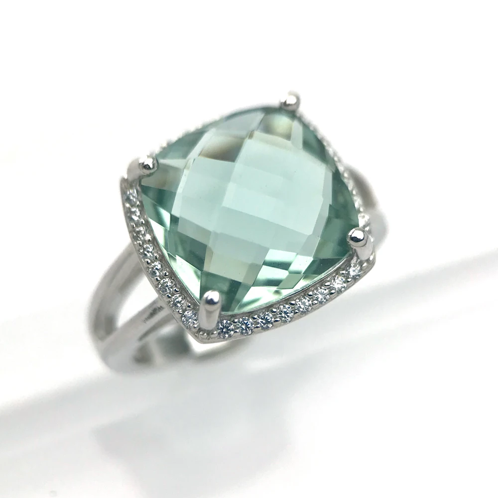 CSJ Elegant Green Amethyst Ring Cushion Cut12mm Gemstone Sterling 925 Silver Fine Jewelry for Women Girl Party with Gift Box