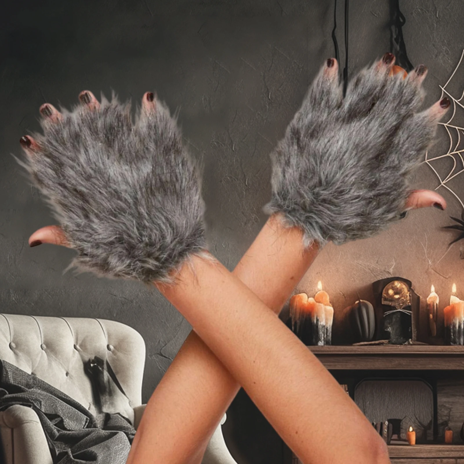 Halloween Wolf Paw Costume Gloves Grey Hairy Werewolf Claw Cuffs Hands Animal Cosplay Costume Accessories