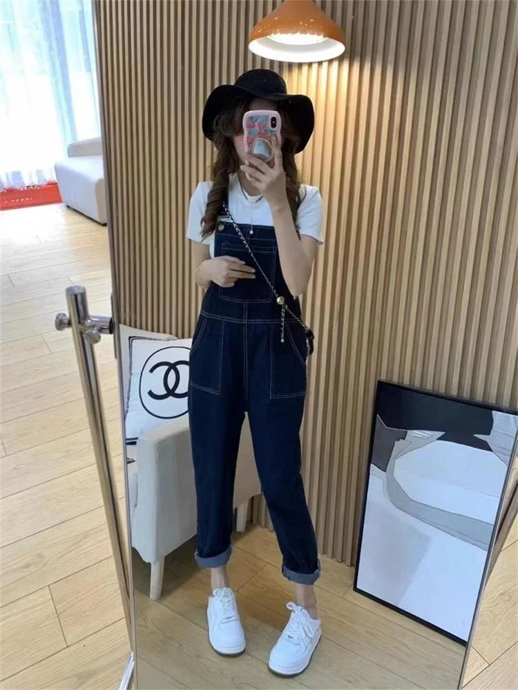 

Summer Autumn Women's Denim Overalls Loose Cute Petite Slimming Straight Leg Wide Leg One-Piece Pants Casual High Waist Long ...