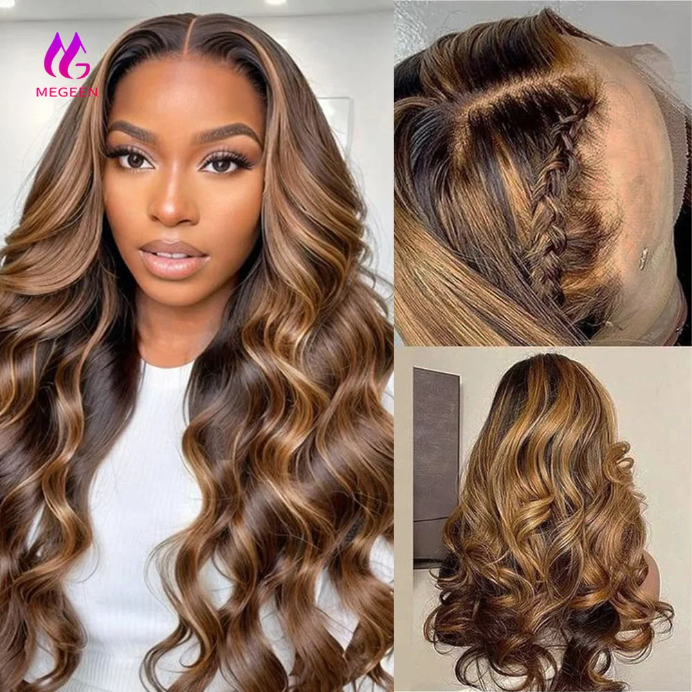 Megeen-Peluca de cabello ondulado con malla Frontal completa, cabellera de 36 pulgadas, HD, transparente, resaltado, P4/27, color rubio miel, degradado, 180%