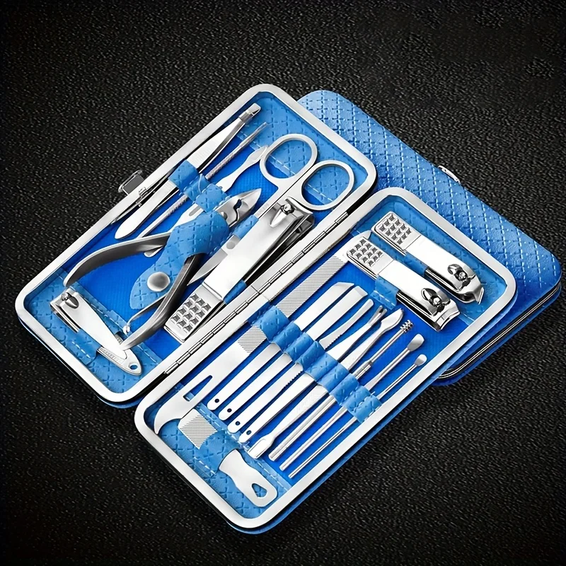 Blue 19pcs Classic Nail and Pedicure Tool Set with Storage Box, Portable Foot Care Kit for Men & Women