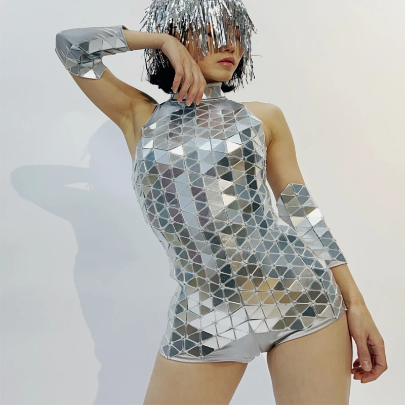 Body espelhado prateado costurado à mão feminino, roupas de dança de poste, lente rave, bar, dj, palco, performance de dança, roupas gogo