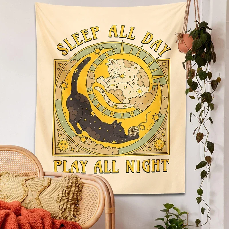 Tarot Sun Moon Cat Tapestry Wall Hanging Divination Sleep Day Play Night Retro Black White Cat Stars Boho Hippie Dorm Home Decor