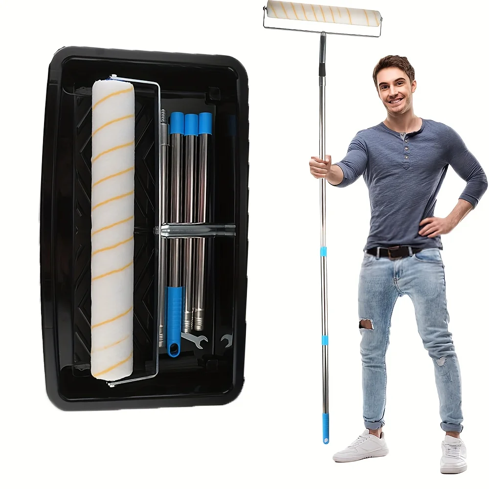 Paint Roller Kit, Adjustable Roller Frame Thickened Steel Pole, Large Paint Roller Sleeves with Tray for Painting Wall Ceiling