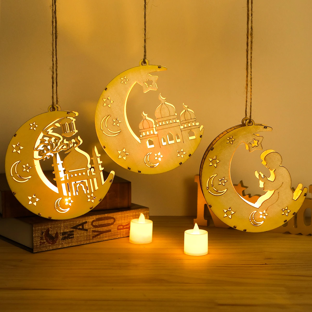 EID Mubarak Moon Star Wooden Hanging Pendant Ramadan Decoration For Home Islamic Muslim Party Decor EID AL Adha Kareem Gift