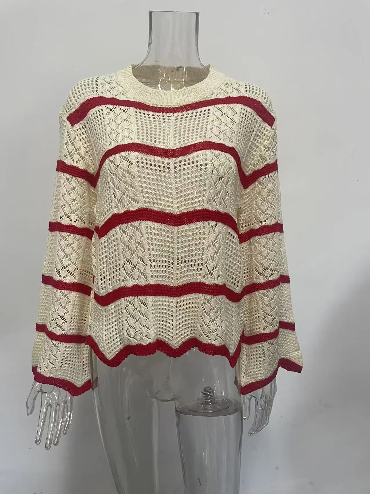 

Fall New Style Pullover Sweater with Wave Pattern and Wide Sleeves - Versatile and Stylish Top-knit Sweater