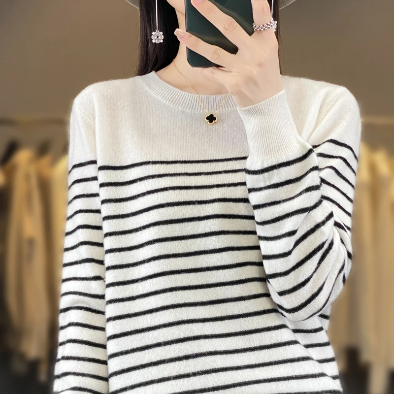 

New Women's O-neck Stripe Pullover Sweater 100% Merino Wool Knitwear Autumn Winter Loose Casual Soft Cashmere Sweater Female