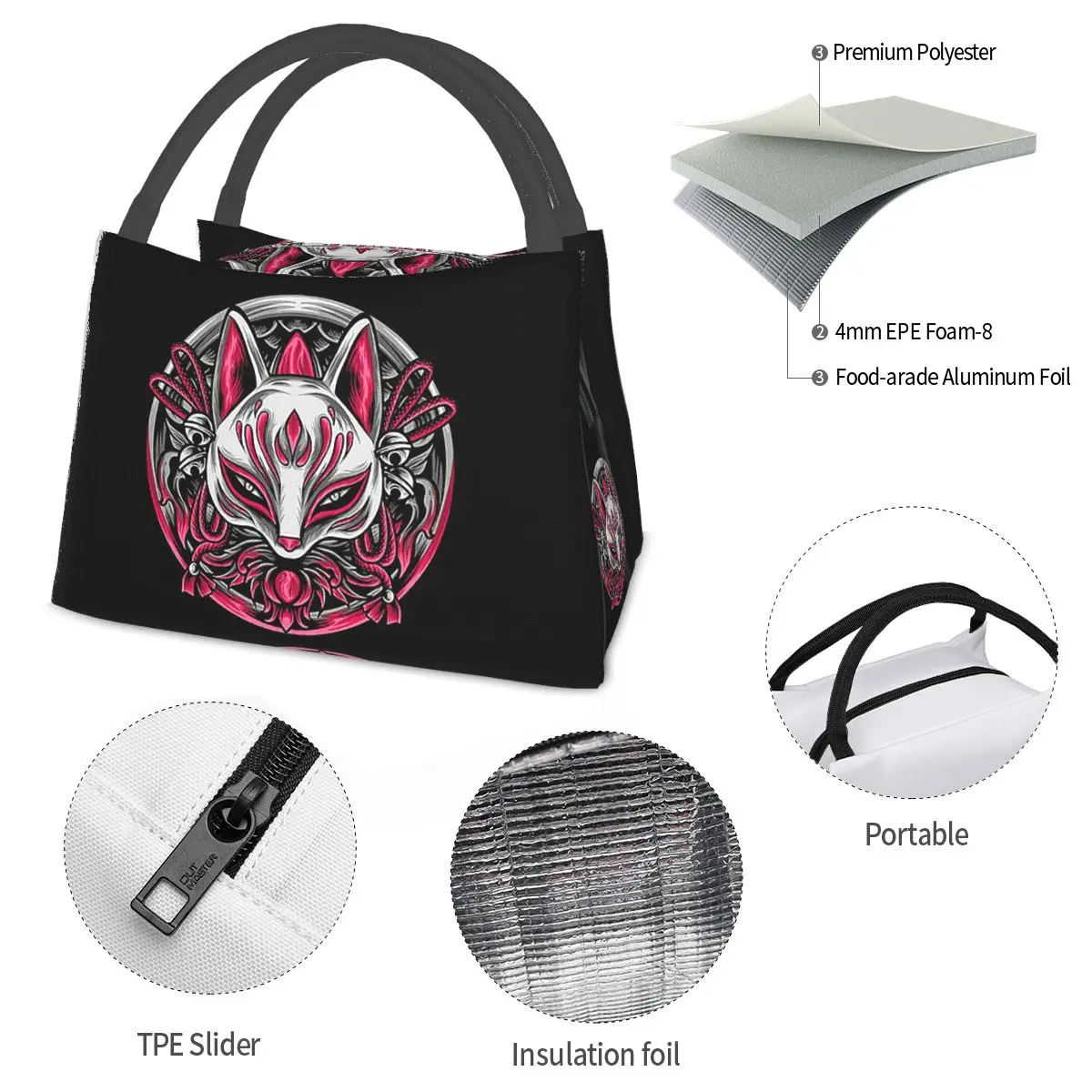 Kitsune raposa máscara raposa almoço sacos isolado bento caixa à prova dwaterproof água almoço tote sacos de piquenique refrigerador saco térmico para mulher crianças trabalho