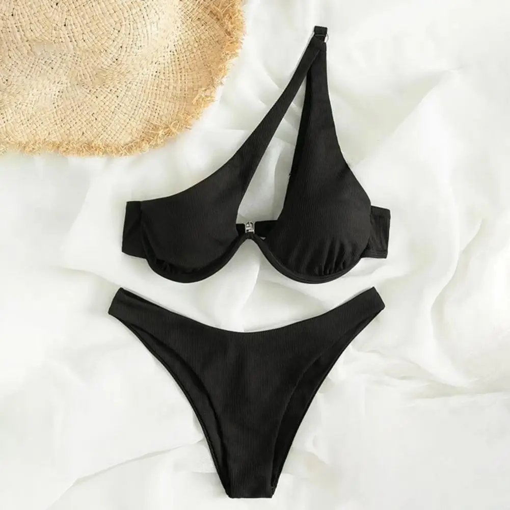 2024 Luxury Two Pieces Solid Patchwork Underwire Push Up One Shoulder Cut Out Beachwear Swimwear Biqunis Brazilian Thong Bikini