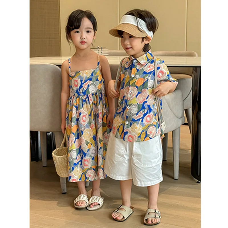 Vacation Look Kids Clothes Resort Beach Brother Sister Matching Outfits Korean Children Clothing Girls Dress Boys Shirt Sets