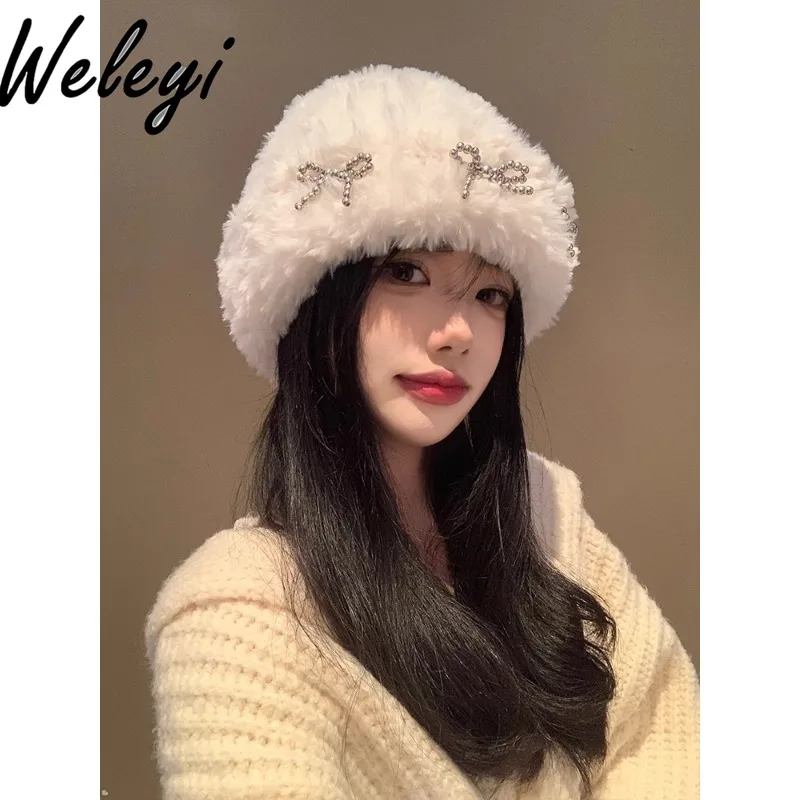 

Korean Syle Bow Soft Waxy Off-white Plush Hat 2024 Autumn and Winter New Sweet Warm Women's Small Ear Protector Knitted Hats