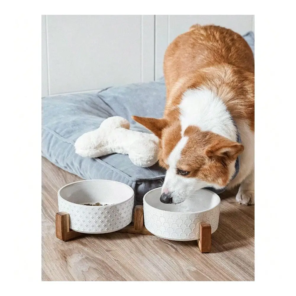 

Bowl Set With Acacia Wood Stand 1.5Cup Ceramic Puppy Bowls For Small Dogs, Dual Food And Water Bowls With Weighted NonSlip Base