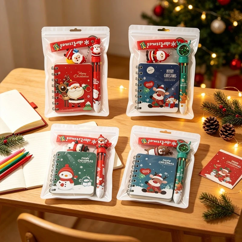 Christmas Stationery Set 3-in-1 Notebook Gel Pen Keychain Festive Santa Snowflake Design Party Favor Stocking Stuffer for Kids