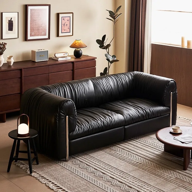 

Modern simple leather living room sofa light luxury high sense black designer pleated straight row three-person