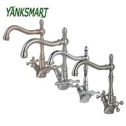 YANKSMART Vintage Antique Brass & Chrome & Brushed Nickel Bathroom Sink  Mixer Basin Faucets Retro Double Handles 1 Hole Tap