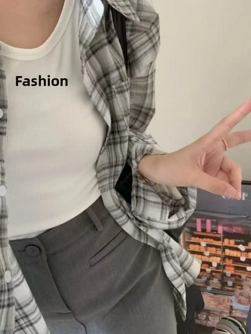 

2026 Lazy Casual Retro Plaid Long Sve irt New Loose Thin Top Sun Protection irt Jaet Trendy Collar Button down