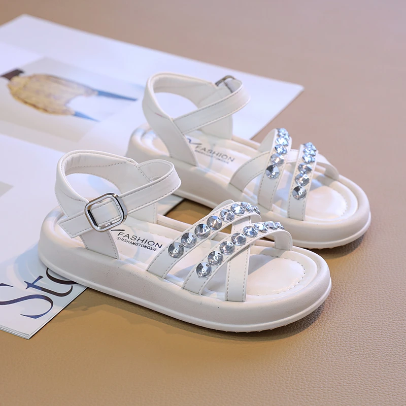 Girls Rhinestone Sandals Summer Open-toe Children Princess Dress Shoes Causal School Wedding Party Kids Platform Beach Sandals