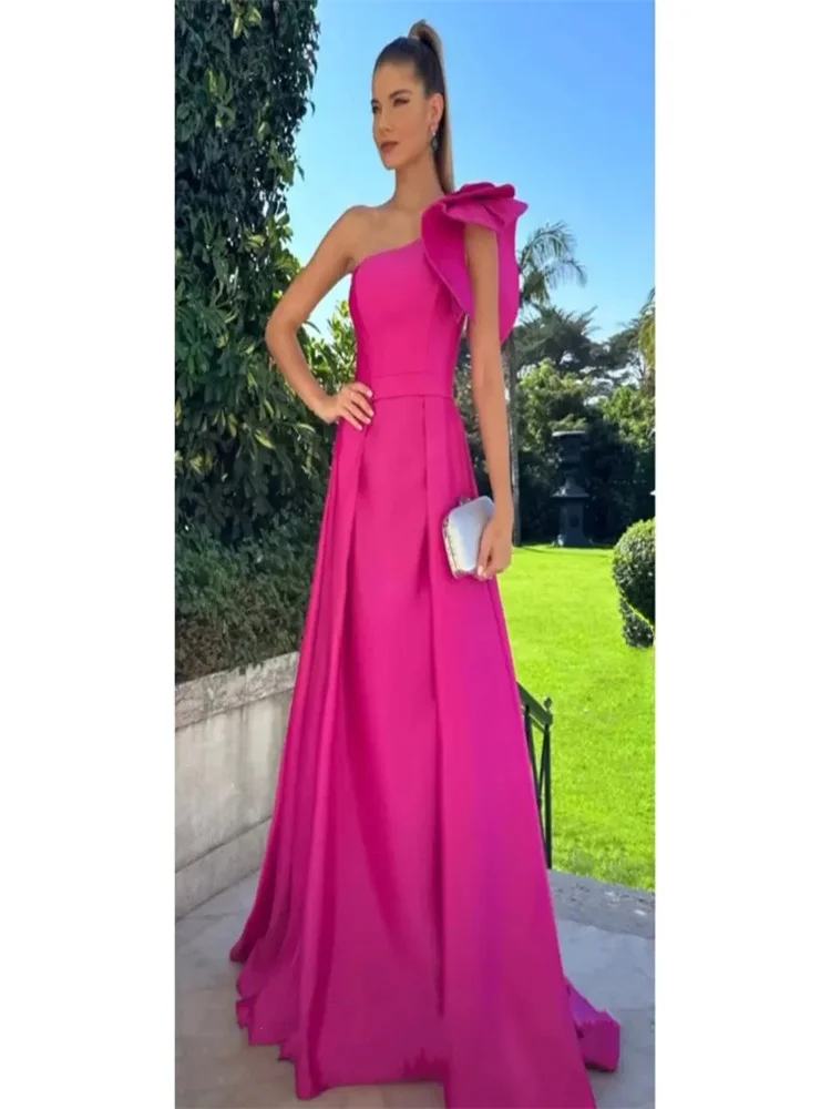 Back Home Dresses Elegant One Shoulder A-line Prom Dress 2024 Fuchsia Satin Vestidos De Fiesta Sexy Sleeveless Maxi Party Dress