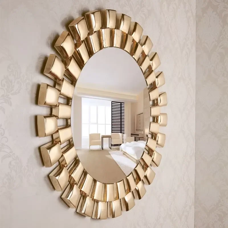 Vintage Round Wall Mirror Luxury Rising Sun Design Antique Gold Frame Decor for Living Room Bedroom Home Decoration Accent