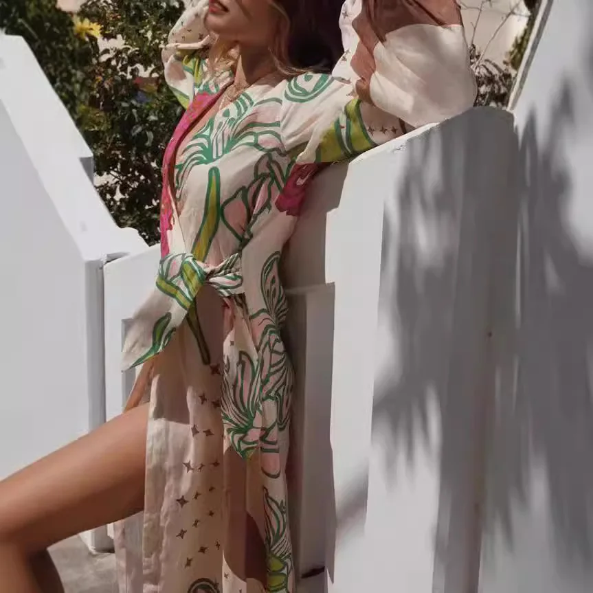 2025, bedrucktes Maxikleid für Damen, langärmelig, Urlaubs-Strand-Outfit, Gürtel, V-Ausschnitt, Knopfleiste, Boho-Urlaub, Kimono-Cardigan-Kleid