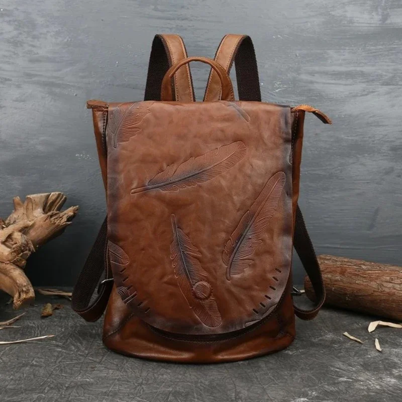 Women's Retro Luxury Genuine Leather Bag For Women Vintage Embossed Cowhide s Leisure Feather Backpack Ladies