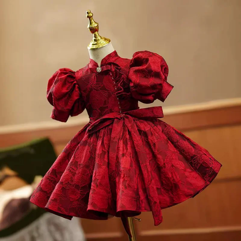 

Girls' Formal Dress High-End First Birthday Baby Girl Princess Dress Red Chinese Style Flower Girl Children's Host Performance C