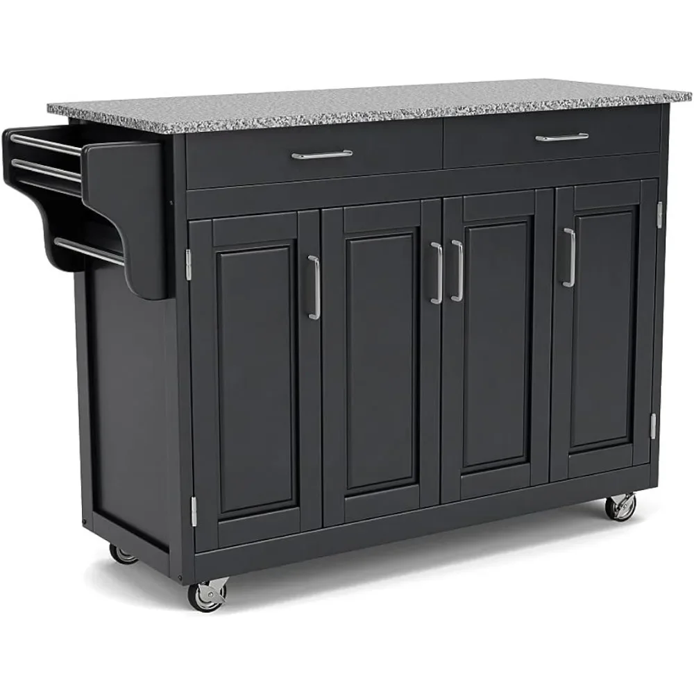 Trolley Kitchen, Mobile Create-a-Cart Black Finish Four Door Cabinet Kitchen Cart with Gray Granite Top, Adjustable Shelving