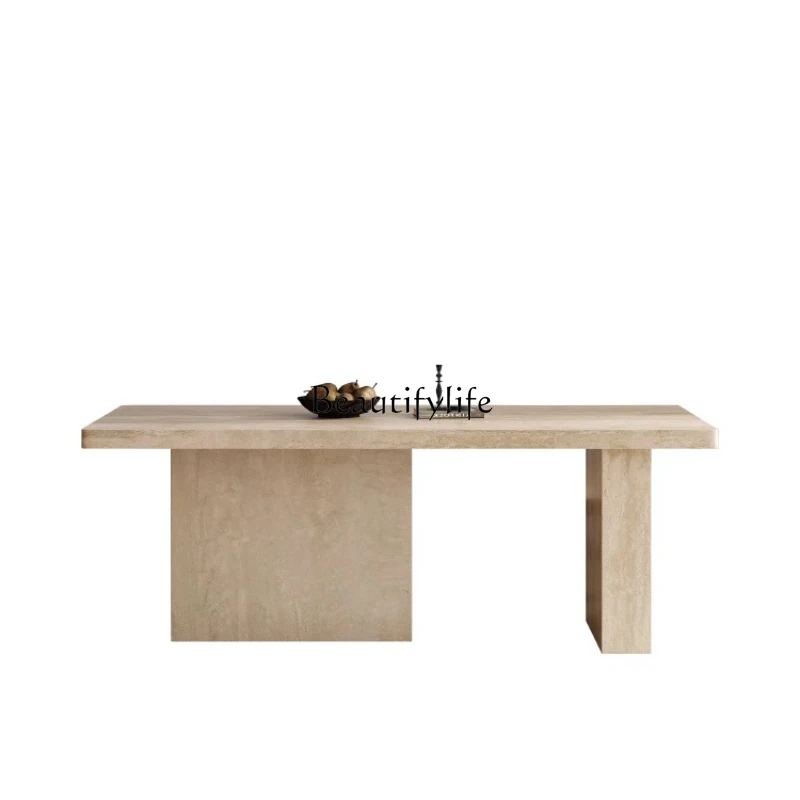 

French retro travertine rock slab dining table hanging rectangular travertine dining table and chair combination