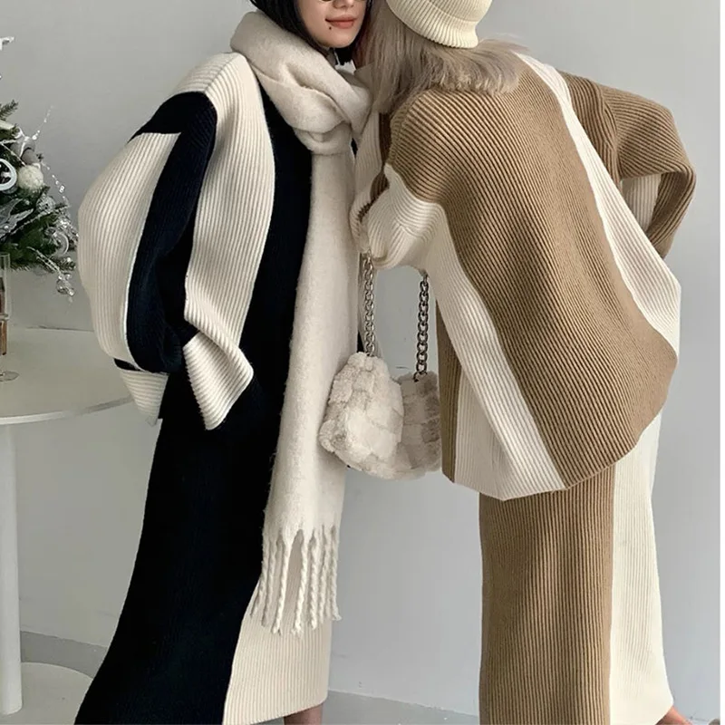 2024 New Fashionable and Unique High-necked Women\'s Sweater Set Color Matching Knitwear and Skirt Set for Autumn and Winter