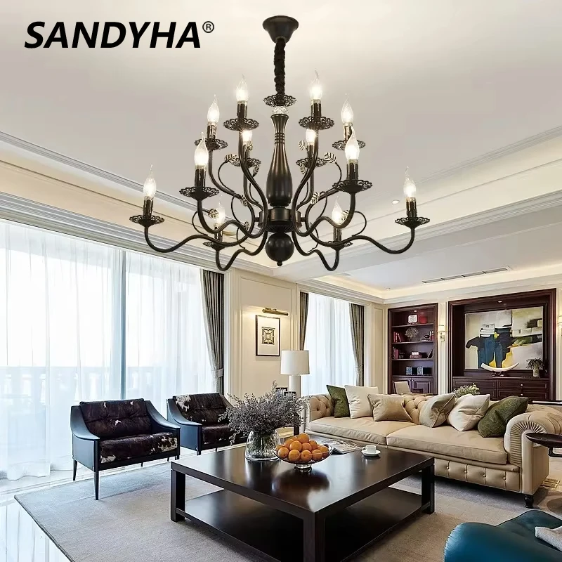 

SANDYHA Wrought Iron Candle LED Pendant Lights Retro Branch Chandeliers for Restaurants Cafes Bedroom Dining Living Room Lamp