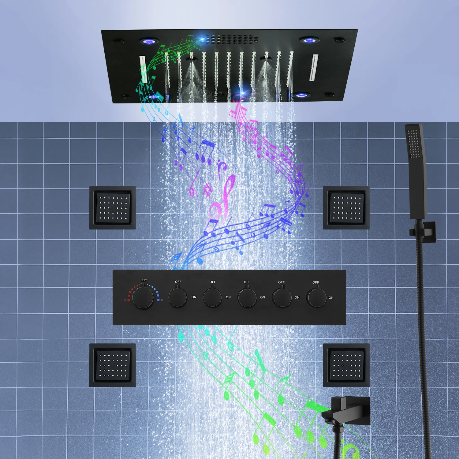 16 Inches Black LED Shower Head Faucet Set Music Shower System Thermostatic Mixer Diverter With 4 Inch Jets