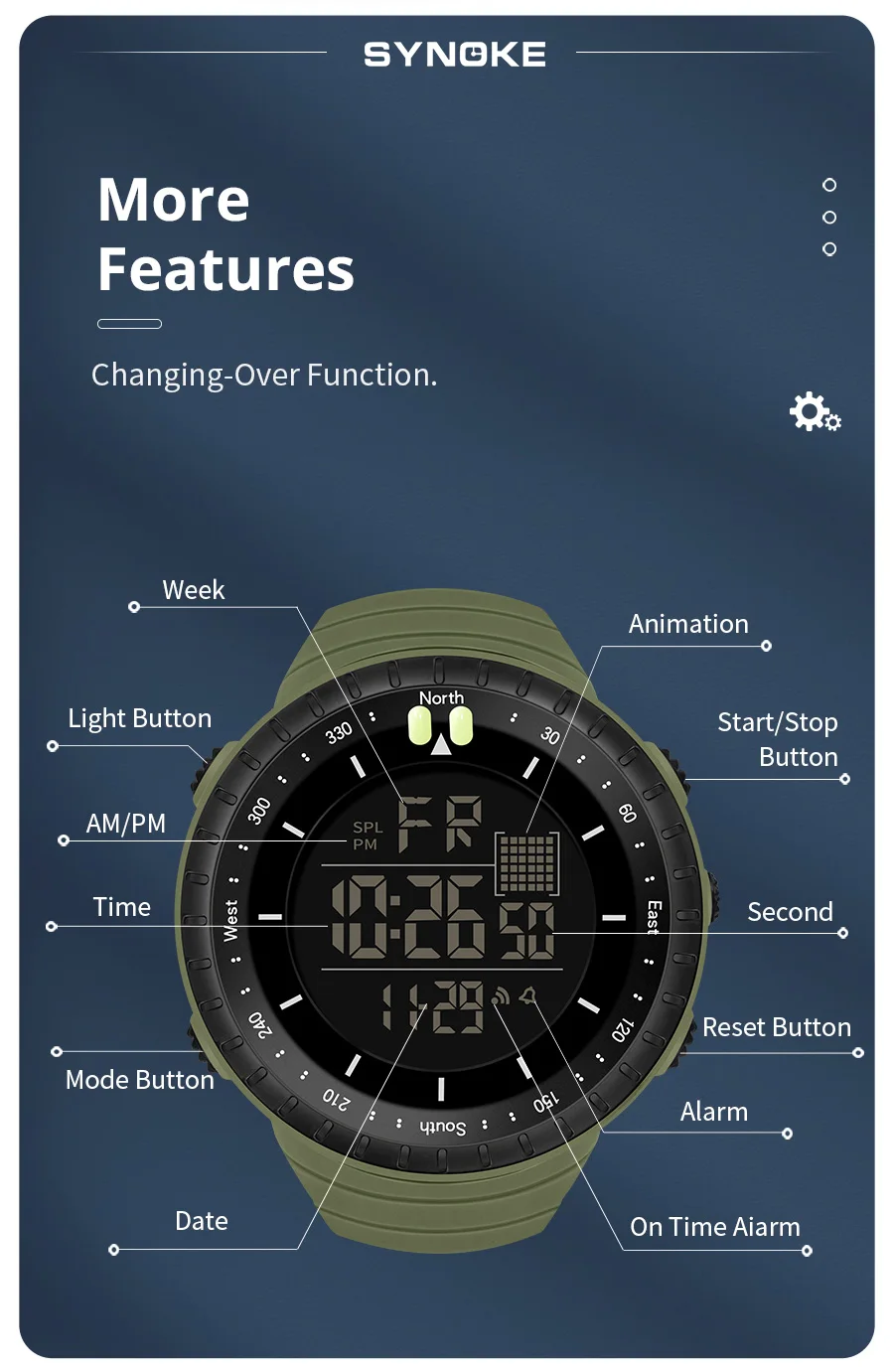 SYNOKE Outdoor Militär Digitale Uhr Für Männer Mode Retro Männer Uhr Sport Wasserdichte Männer Uhr Multifunktionale Schöne Männer – Detail 10