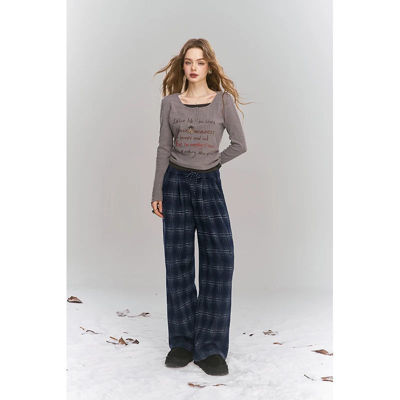ELFSACK Y2K Casual Loose Plaid Tie Floor Length Pants For Women
