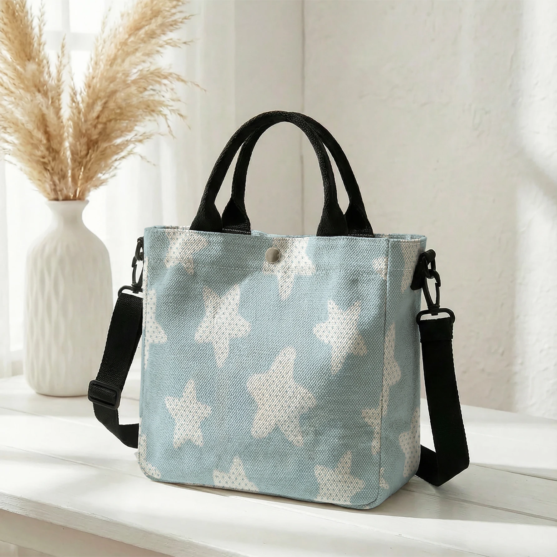Blue Background White Star All Over Print Tote Bag, Detachable Strap Crossbody Handbag For Daily Work Shopping
