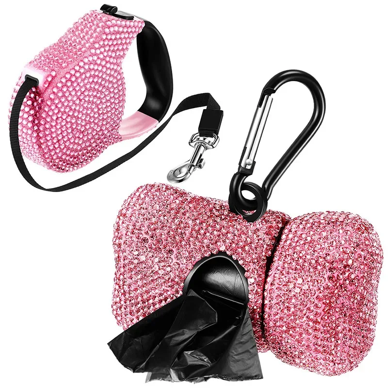 Strass-Hundeleine mit Müllbeutelspender in Knochenform, tragbares Haustier-Reinigungszubehör, einziehbare Hundeleine für Spaziergänge