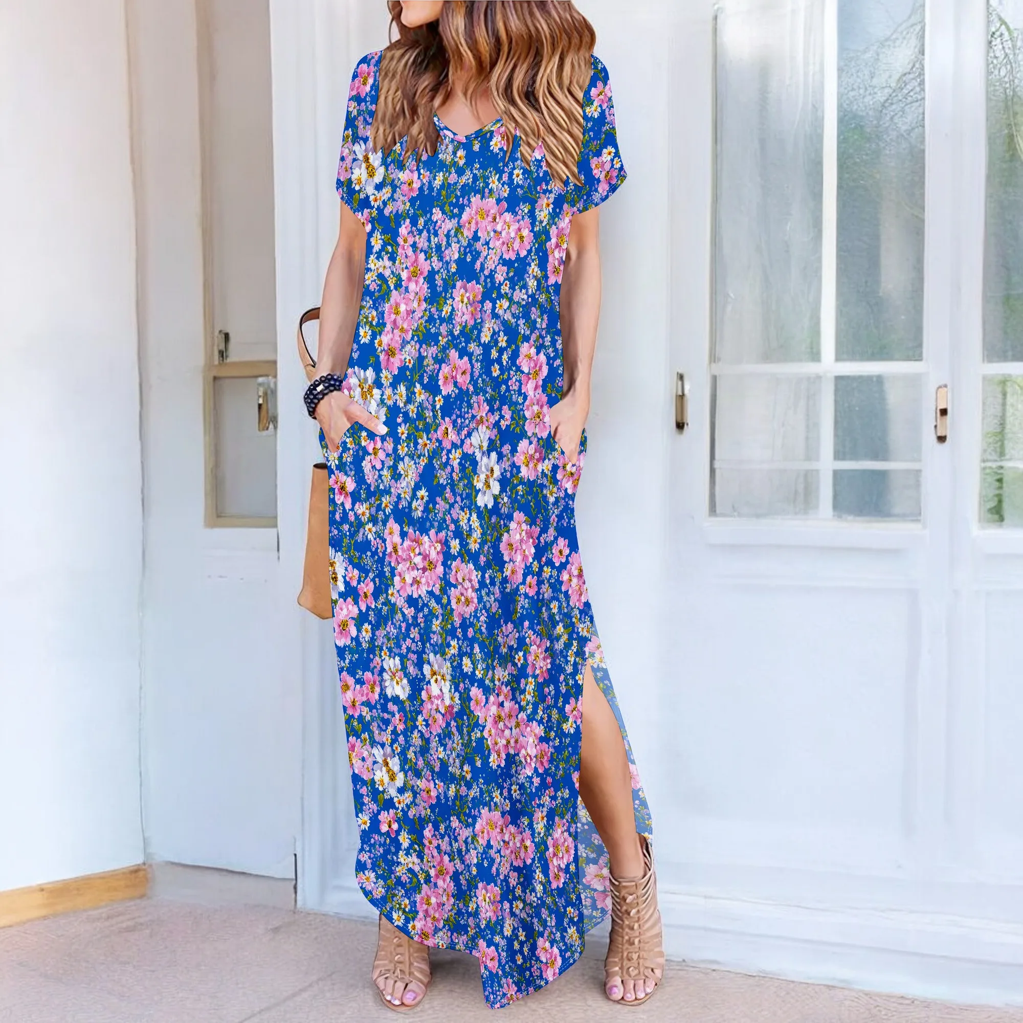 Women's Casual Loose Sundress Short Sleeve V Neck Long Dress Split Maxi Summer Beach Dress with Pockets