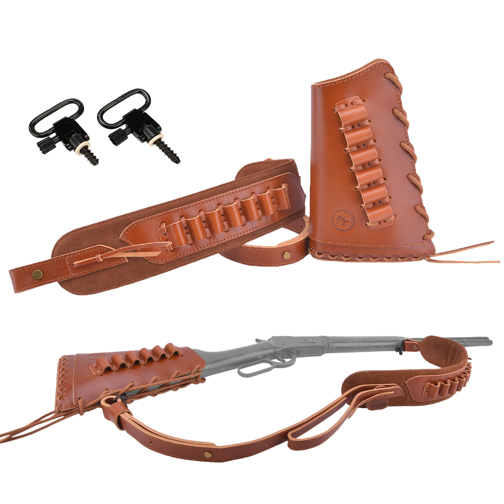 

1 Set Leather Rifle Buttstock with Matched Shell Slots Sling + Swivels .308 .22LR 12GA 16GA 20GA .357 .30/30 Right