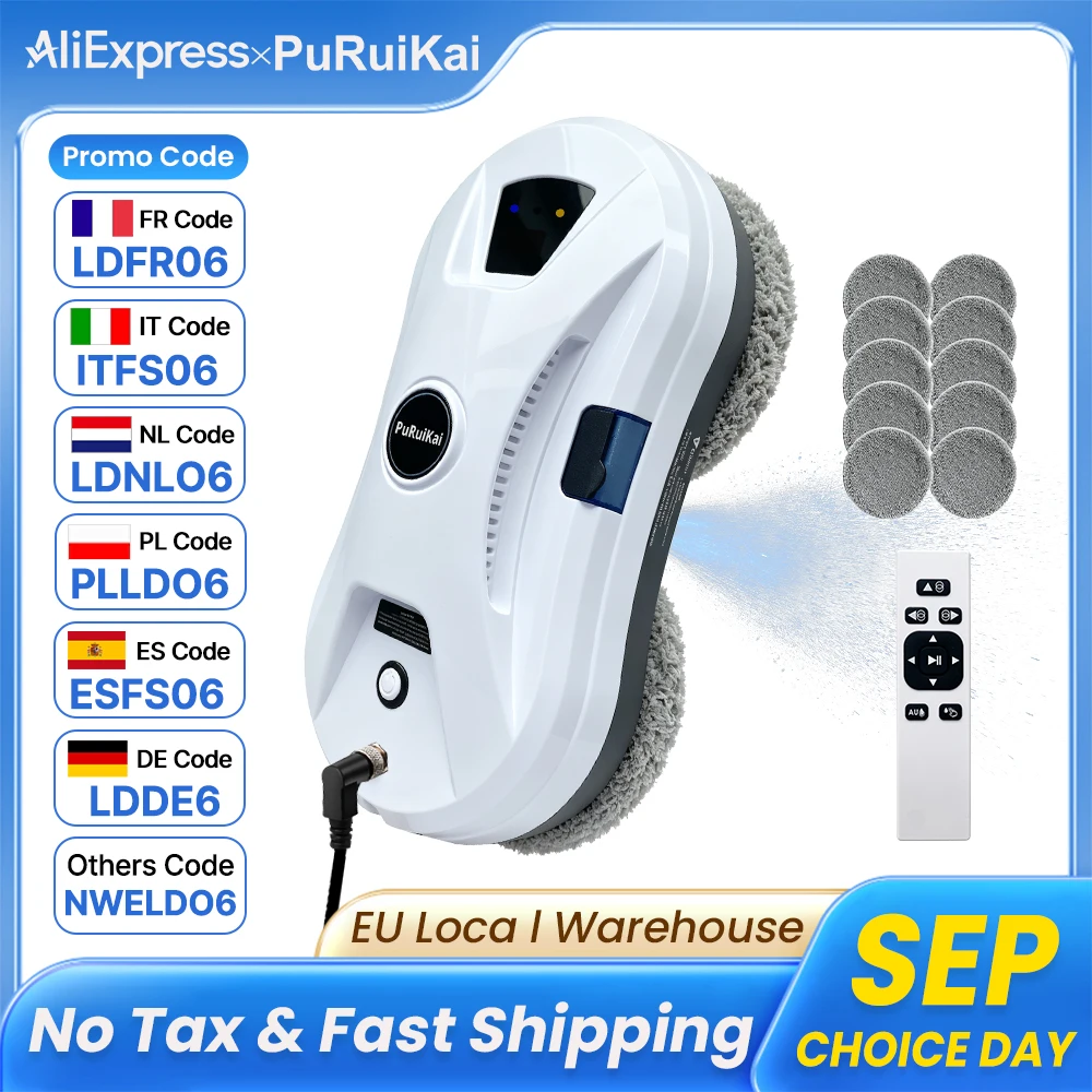 PuRuikai Automatic Window Cleaning Robot, Window Cleaner Robot Auto Spray, 5600Pa Suction, Remote Control, Edge Detection