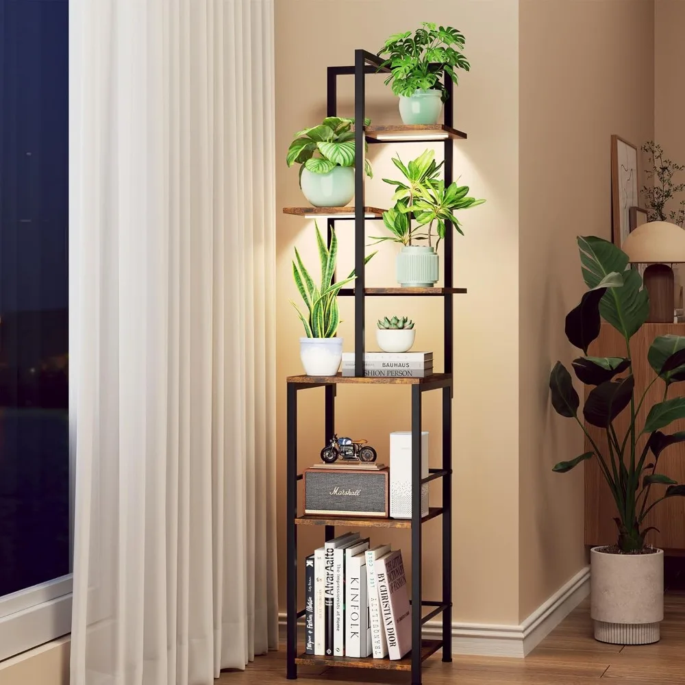 Stand Indoor with Grow Light, 6-Tiered Tall Plant Stand Indoor, Metal Plant Shelf with Bookshelf Bookcase and Adjustable Light,