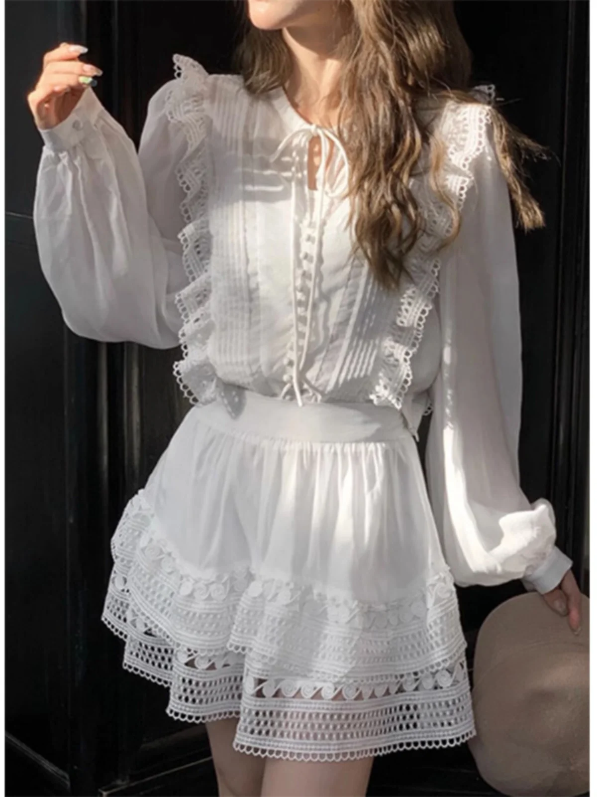 White Romantic Lantern Sve irt Women's Spring Autumn High Waist Lace f Skirt Long Sve Set Faionable Ensemble