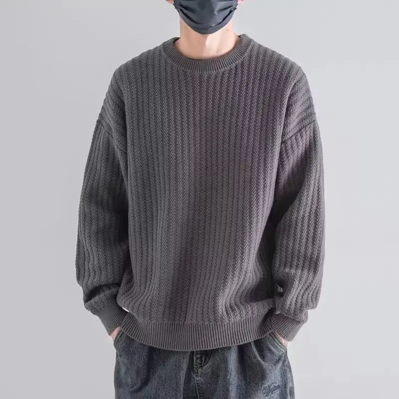 Men Crew Neck Knit Sweater Long Sleeve Vertical Texture Pullover Loose Casual Knitwear