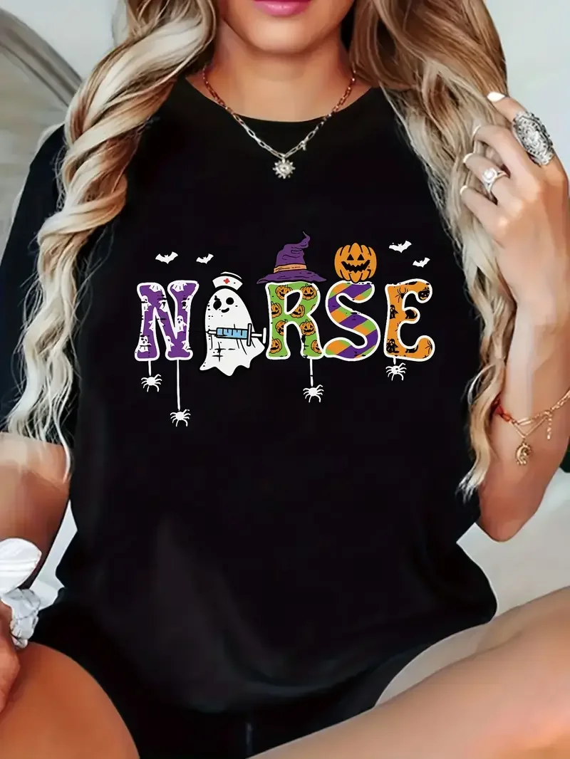 

Women'S Nurse Themed Graphic T-Shirt Casual Crew Neck, Short Sleeve Top with Halloween Lightweight Fabric for Spring and Summer