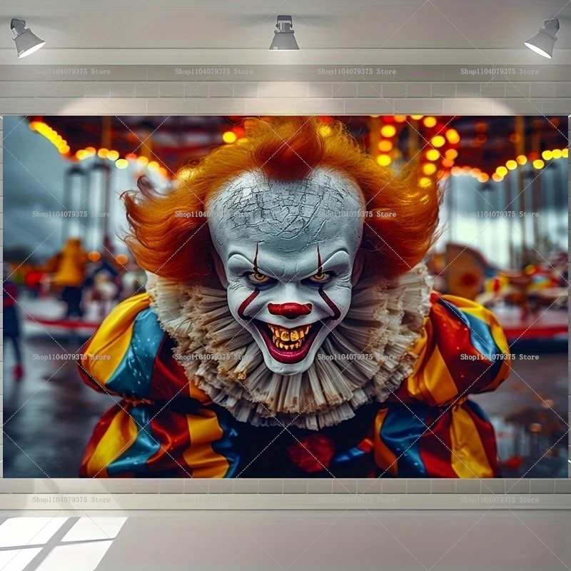 Tło fotograficzne na Halloween: klaun, cyrk, park rozrywki, rekwizyty do fotografii z dyniową główką.