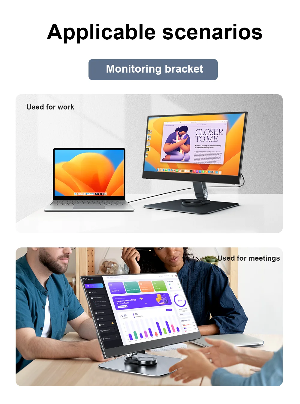 Unew Premium 360 ° Drehbarer magnetischer Ständer aus schwarzem Metall für tragbare Monitore, iPad, iPhone, Tablets von 7-21,5 Zoll, stabil, 3 kg belastbar. – Detail 8