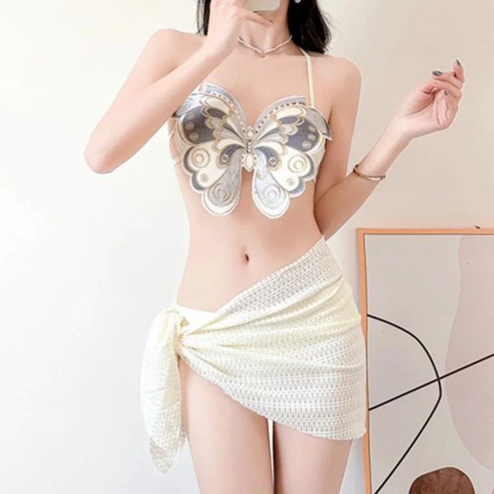 Seksowna gorąca dziewczyna haftowana kokarda wyszczuplająca piękne bikini z tyłu czyste pragnienie dziewczyna podział miękkie trzyczęściowe seksowne biustonosze strój kąpielowy damski